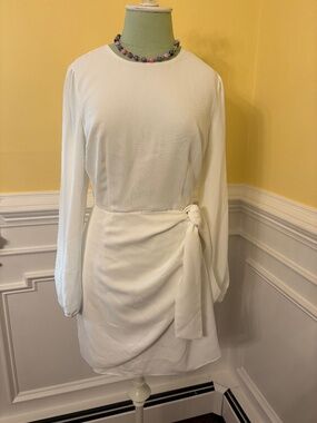 Lulu’s Believe It or Knot White Long Sleeve Tie-Front Skater Dress-Small